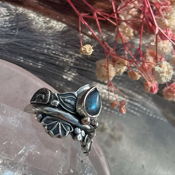 Lotus Crown Stamped Labradorite Ring MTO