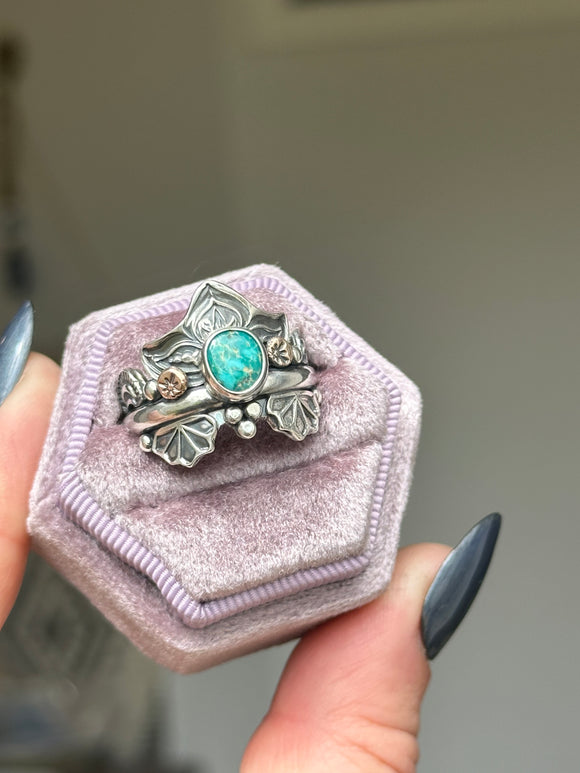 Turquoise Lotus Crown Ring Size T